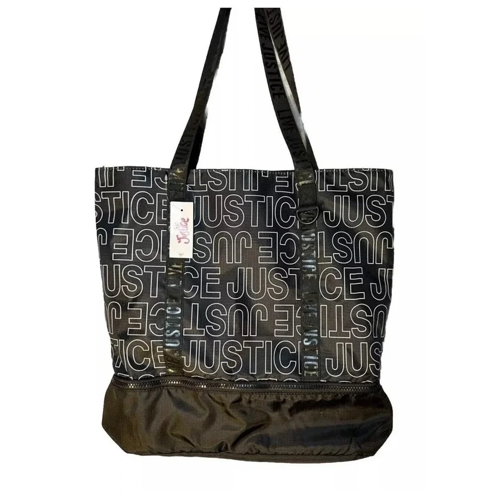 New Justice Tote Bag Black‎ White Logo Print Bottom Zip Compartment Travel Dance